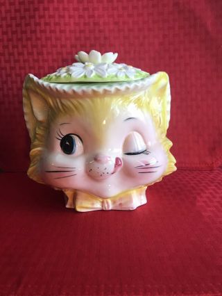 Vtg Enesco Winking Buttercup Kitty Cookie Jar