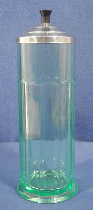 Vtg Green Depression Glass Soda Fountain Straw Holder Dispenser Deco Apothecary 2