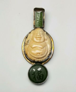 Antique/vintage Sterling Silver Carved Scrimshaw Jade Symbols Buddha Pendant