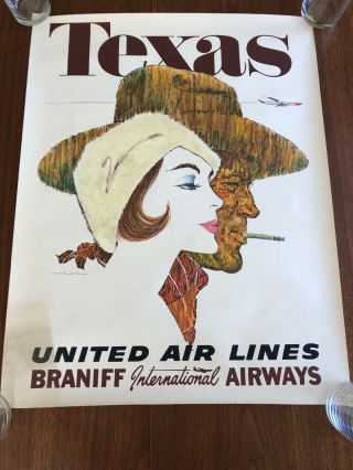 Vintage United Air Lines Texas Travel Poster - Braniff International Airways Rare