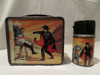 Vintage 1958 Zorro Metal Lunch Box With Matching Thermos Walt Disney Aladdin