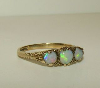 Delightful,  Antique Victorian 9 Ct Gold Trilogy Ring With Natural Fire Opal Gems