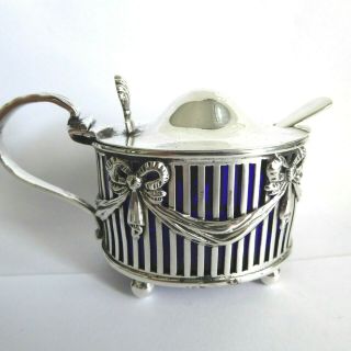 Antique Hm 1907 Silver Mustard Pot Pierced Ribbon Bow & Swag Design 4 Ball Feet