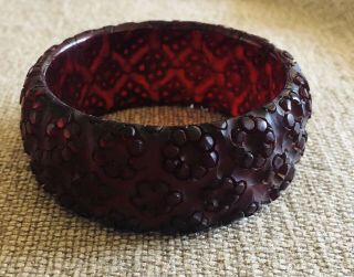 Carved Floral Red Prystal Bakelite Bangle Bracelet