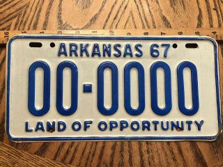 Rare 1967 Arkansas Sample Vintage License Tag 00 - 0000 Antique