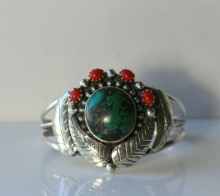 Vintage Native American Style Sterling Turquoise & Coral Colored Stone Cuff