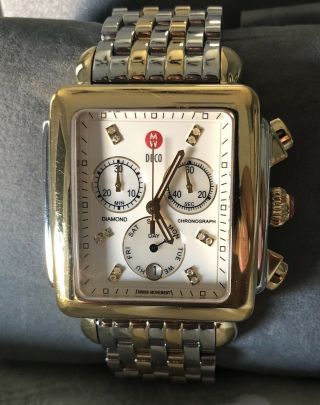 Michele Xl Two Tone Deco Watch With Diamonds (20mm Band) Org.  $1495 - Rare Find