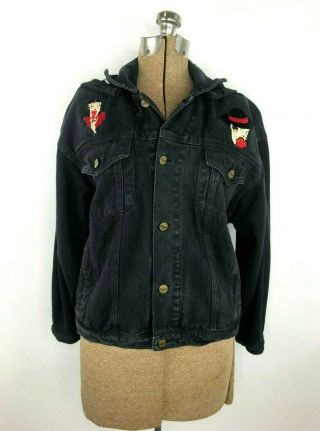 Vintage Betty Boop Jacket Size L Black Denim Hooded Patch Button Cotton 1994