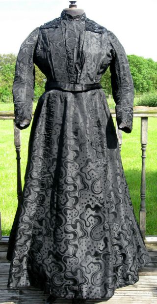 Rare Large Size Antique Late Victorian Beaded Black Silk Dress Ca 1899