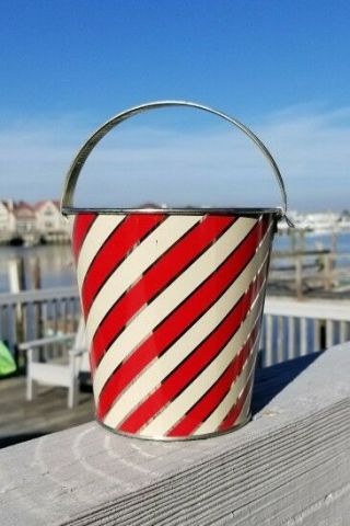 Vintage Ohio Art Tin Litho Sand Pail Red Silver Spiral Candy Stripe Peppermint