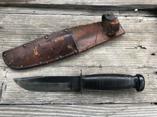 Ww2 Wwii Usn Ka - Bar Fighting Knife W/leather Sheath