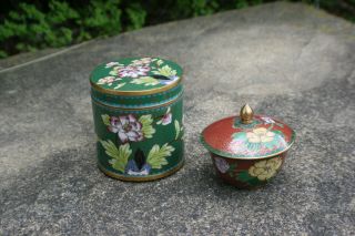 Chinese Cloisonne Enamel Tea Caddy Box And Cup With Lid