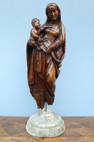 Large Antique 18th C.  Oak Carving Mother Madonna & Child Treen