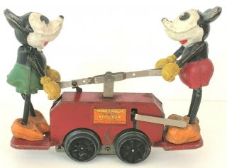 Vtg 1930s Lionel Train 1100 Mickey And Minnie Mouse Wind - Up Hand Car Toy