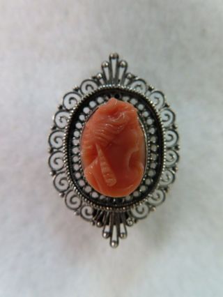 Antique Victorian Carved Salmon Coral Set In Hand Made Silver Frame Brooch