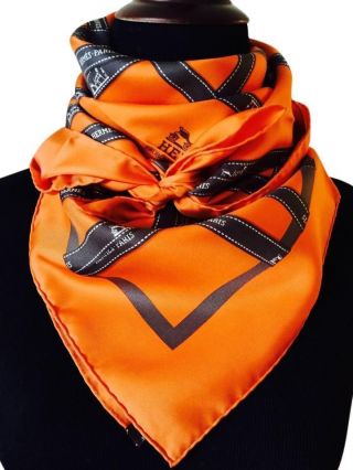 Hermes Bolduc Scarf Stole Orange Ribbon Silk 100 Carre 90 Auth Rare 6