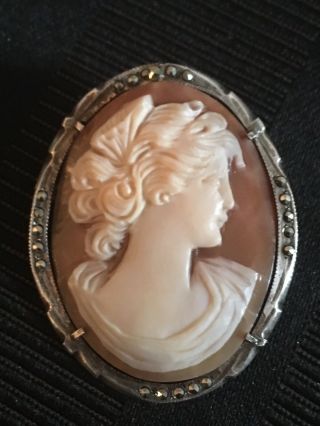 Vintage Sterling Silver 800 Marcasite Cameo Brooch Pin -