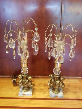 Vintage Brass Finish Cherub Table Lamps W/crystal Prisms & Marble Base