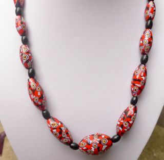 Vintage Venetian Red Millefiori Glass Bead Necklace - Murano Red Yellow Canes