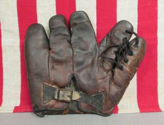 Vintage Antique Leather Baseball Glove Buckle Strap Fielders Mitt Lace Web