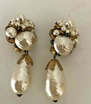Vintage Mariam Haskell Pearl Earrings Clip - On With Faux Pearls & Goldtone Meatal