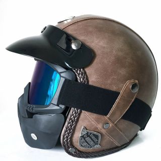 M Flat Brown Harley Vintage Motorcycle Pu Leather Helmet W/full Face Mask Dot