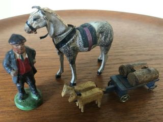 Antique Paper Mache And Wood Stick Legs Horses Wagon Man Made In Germany