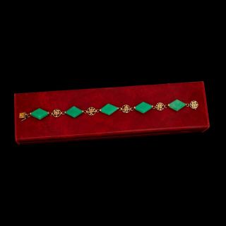 Antique Vintage Art Deco 14k Gold Chinese Hong Kong Chrysoprase Segment Bracelet