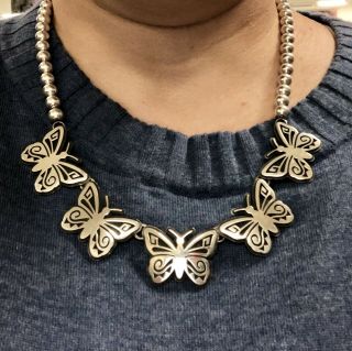 Vintage Hopi Overlay Butterfly Sterling Silver Necklace By Weaver Selina