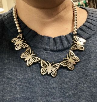 Vintage Hopi Overlay Butterfly Sterling Silver Necklace By Weaver Selina 2