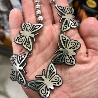 Vintage Hopi Overlay Butterfly Sterling Silver Necklace By Weaver Selina 3