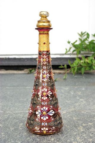 Antique 19th Century Bohemian Moser Type Cranberry Enamelled Glass Decanter