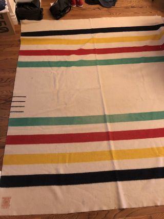 Vintage 1950s Hudson Bay Four Point 4 Blanket 75 X 91 In White Striped Wool