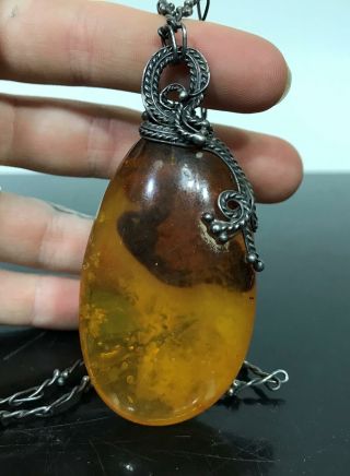 Vintage Sterling Silver Large Honey Amber Solitaire Amulet Necklace Pendant
