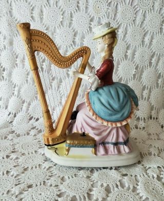 Waco Melody In Motion Bisque Madame Harp Player Porcelain Music Box Vintage