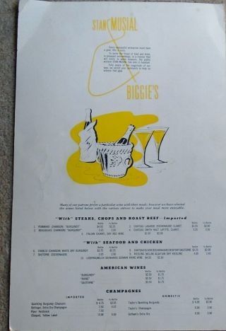 Vintage Stan Musials & Biggies St.  Louis MO 2 Pc.  Restaurant Menu HTF 6