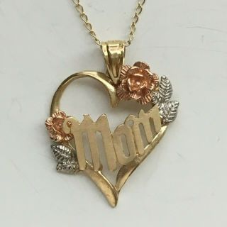 Vintage 14k Gold Mom Heart Pendant W/ Roses.  Includes 18.  5” 10k Chain