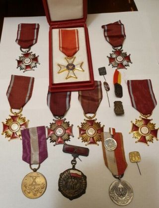 Ww1 - 2 Set 10 Polish Orders,  5 Pins,  1 Miniature: Merit Cross; Long Service Medal