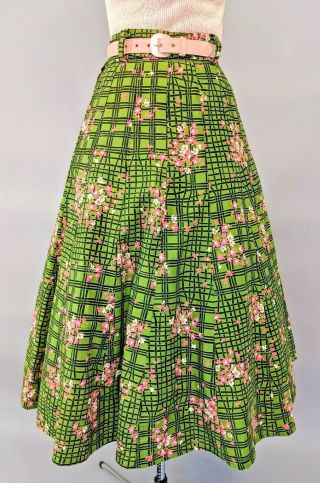 Vintage 40s 50s Floral Skirt Green Pink Flowers Print 28 Waist M Novelty Pinup S