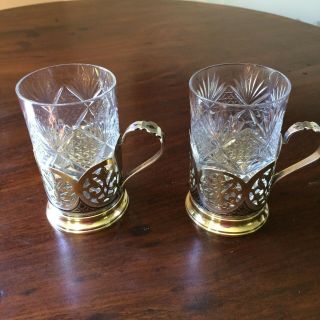 2 Russian 875 Silver Tea Glasses W/ Glass Liners