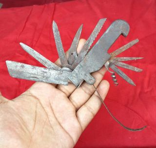 Old Early Rare Handmade 10 In 1 Multi - Tools Knife Including Cork Screw Opener
