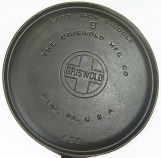 Vintage 1925 - 1940 Griswold Cast Iron Griddle 9 P/n 609 Erie Pa Large Block Logo