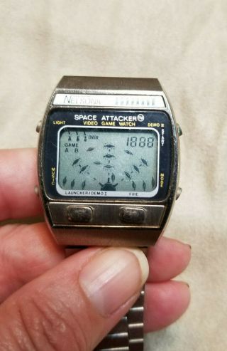 Vintage Nelsonic Space Attacker Video Game Watch Bat,  Rare Good Cond