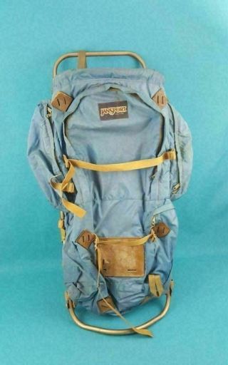 Vintage Jansport External Frame Hiking Backpack W/ Hip Wings Blue Made In Usa