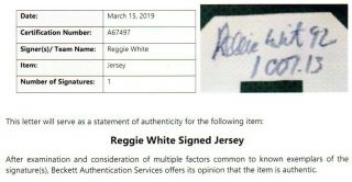 BECKETT - BAS REGGIE WHITE GREEN BAY PACKERS AUTOGRAPHED - SIGNED VINTAGE JERSEY 497 10
