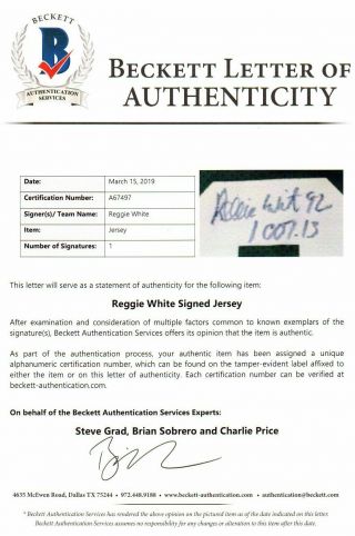 BECKETT - BAS REGGIE WHITE GREEN BAY PACKERS AUTOGRAPHED - SIGNED VINTAGE JERSEY 497 9