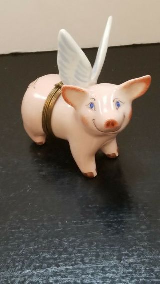 Rare Vintage Limoge France Peint Main Signed Trinket Box Flying Pig