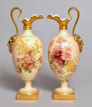 Wonderful Pair Large Antique Royal Worcester Blush Ivory Porcelain Ewers Vases