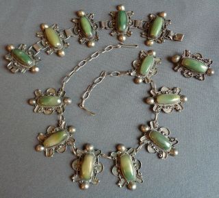 Vintage 3 Pc Set Mexico Mexican Silver W Green Stones Necklace Bracelet Brooch