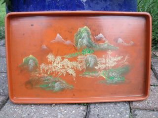 Oriental Chinese Or Japanese Lacquer Tray Decorated With Pagoda & Trees.